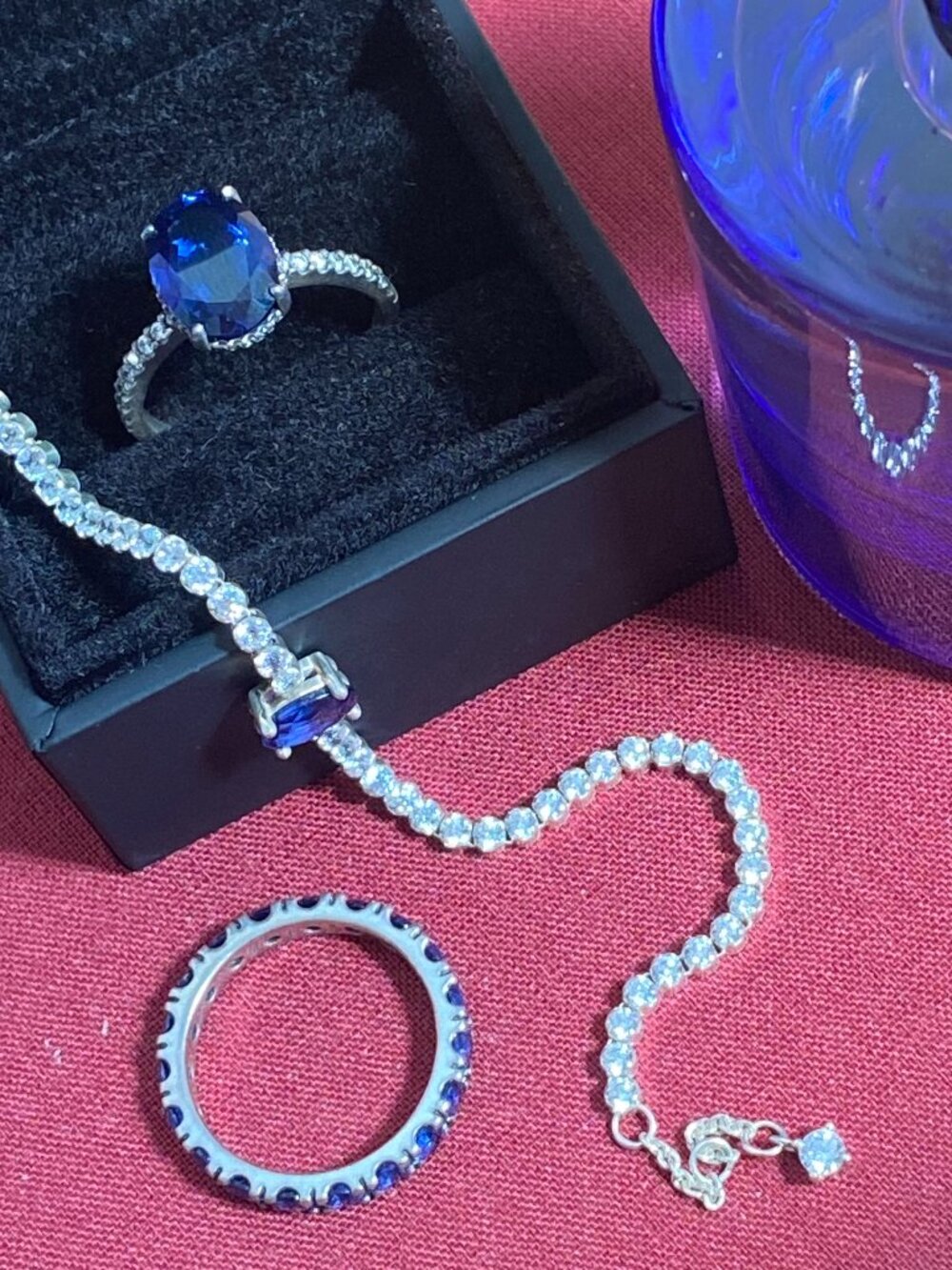 Pandora Sparkling Blue Gem Set w/ Tennis Bracelet, Eternity Ring, and Halo Ring